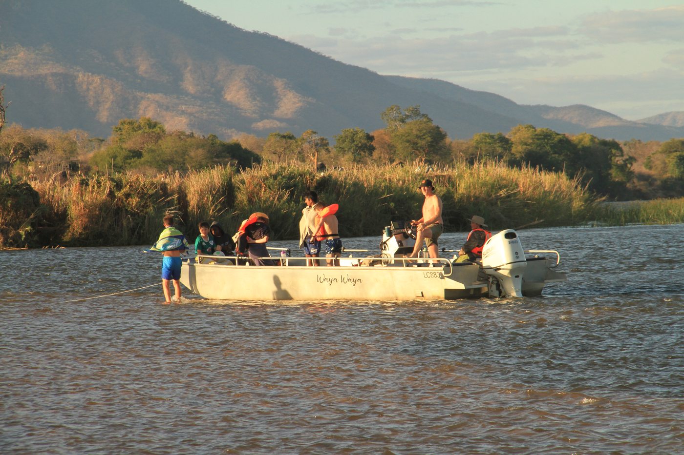 Pupils on the boat on the Chongwe River during the Grade 7 trip