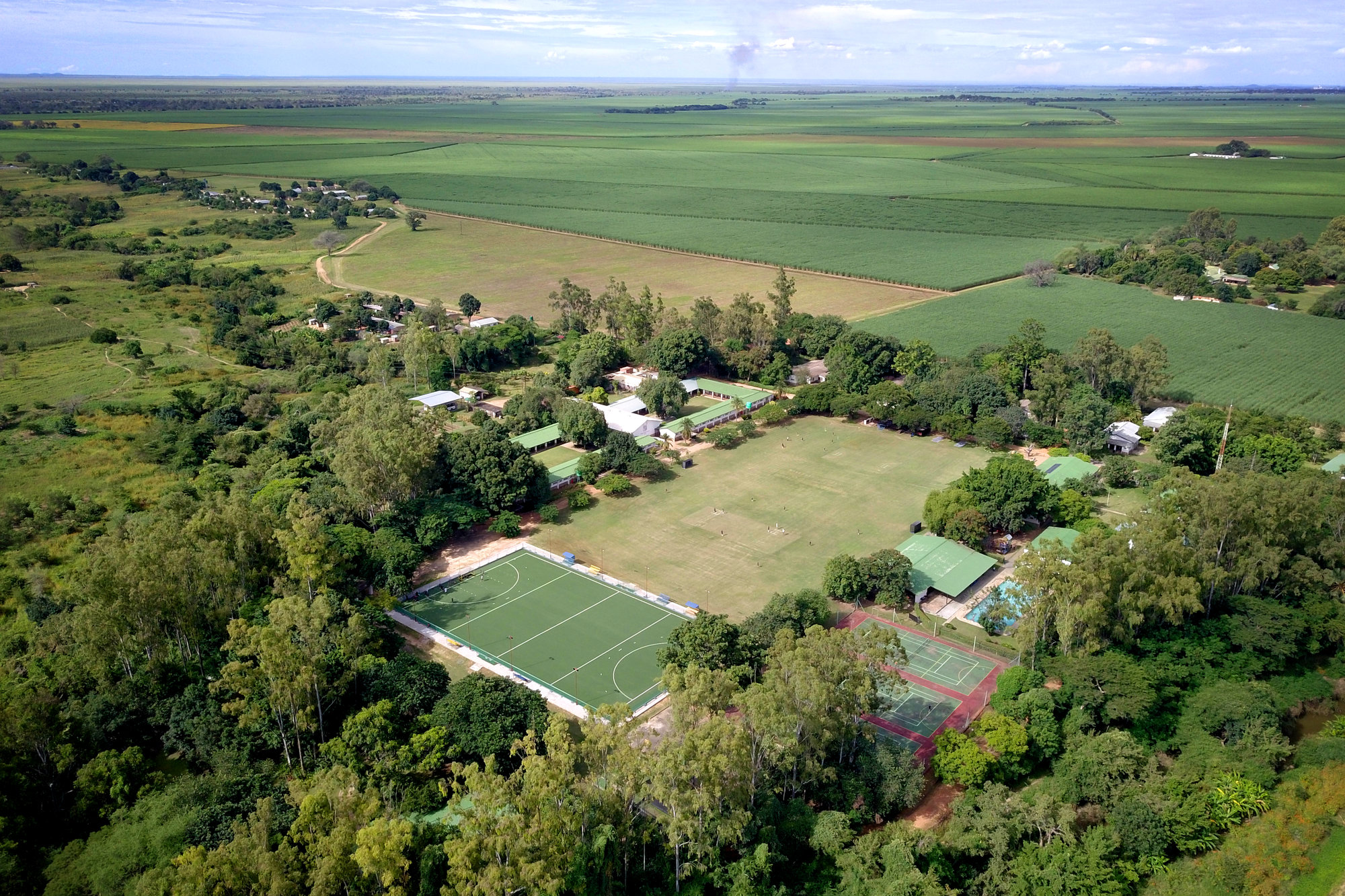 Aerial view of the Musikili campus, its fields and buildings